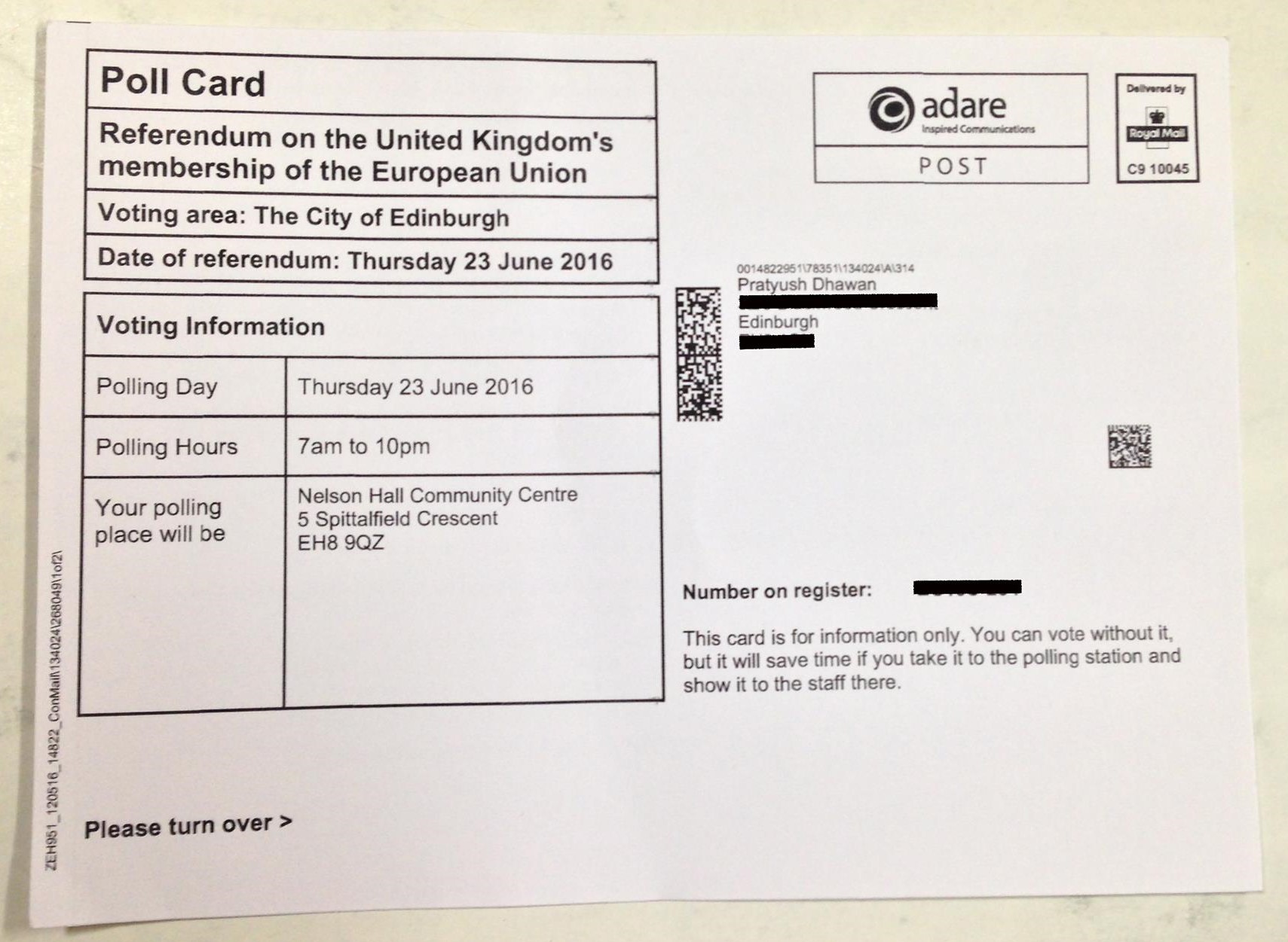Brexit referendum voting card
